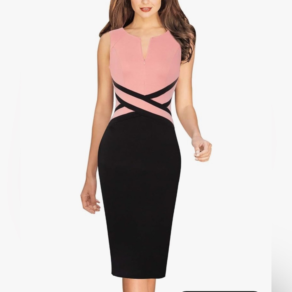 🌼VFSHOW Womens Colorblock Patchwork Slim Front Zipper Work Business Dress